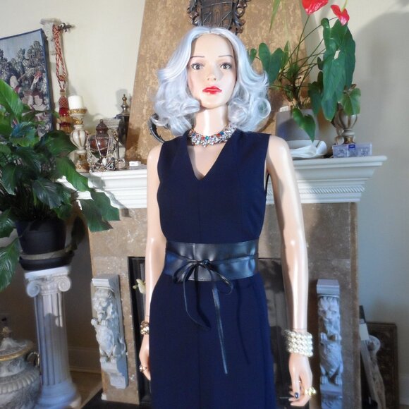 New Akris Navy Blue Wool-Blend V-Neck Sheath Dress Size US 10 - Picture 5 of 16